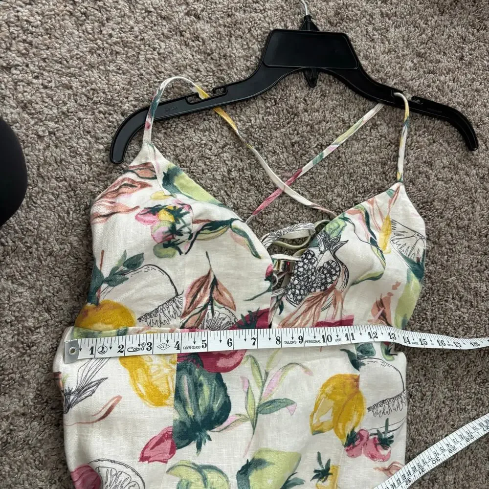 NWT Abercrombie & Fitch Premium Linen Cutout Midi Dress Vegetable Print Medium